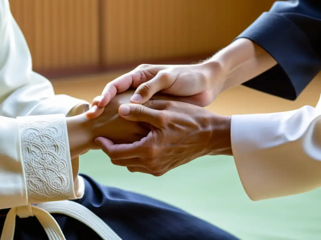 Practicantes de Aikido en armonía resuelven conflictos con gracia y precisión en un dojo sereno