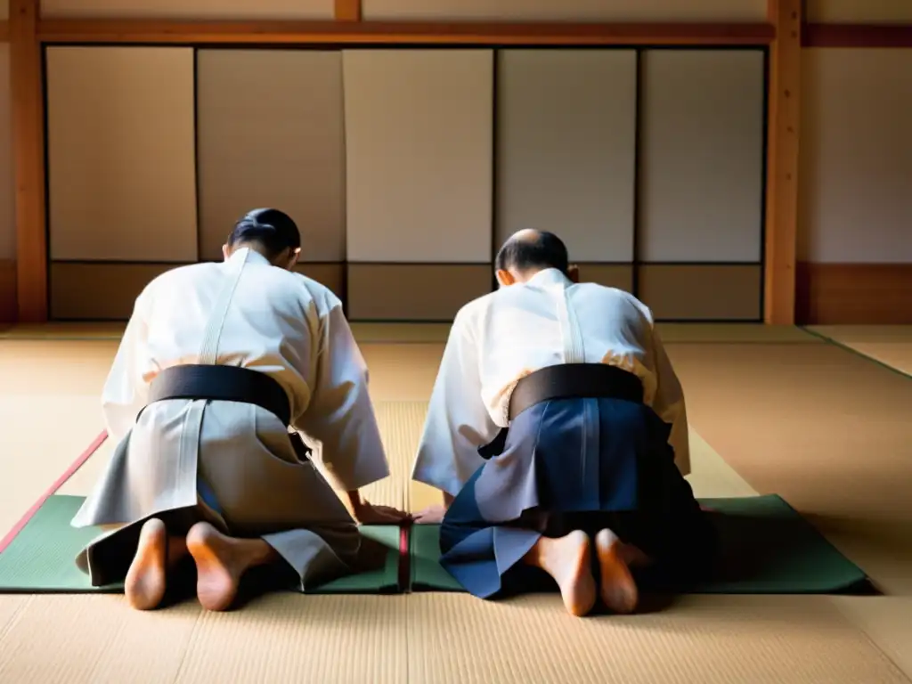 Practicantes de Aikido en gi blanco y hakama se inclinan con respeto en un dojo japonés, destacando la importancia de la etiqueta en Aikido