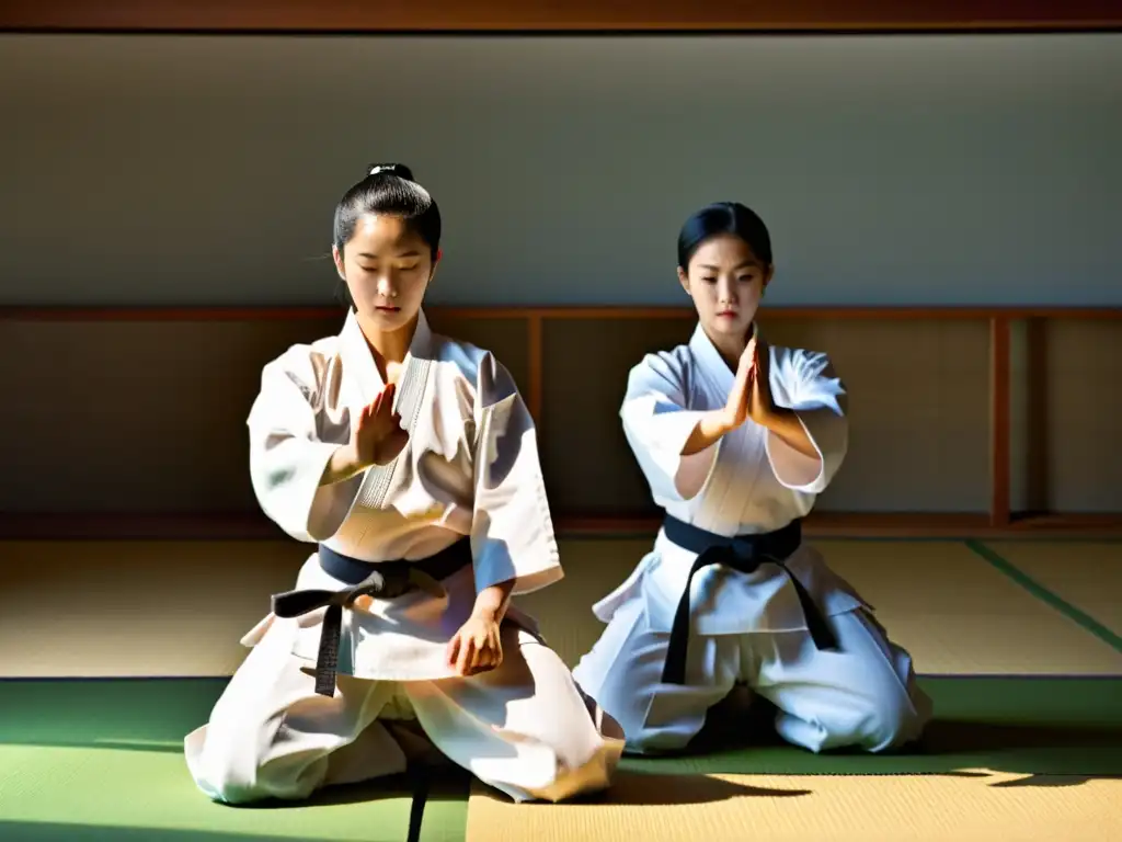 Practicantes de Aikido en gi blanco realizan movimientos fluidos y armoniosos en un dojo soleado, transmitiendo paz interior