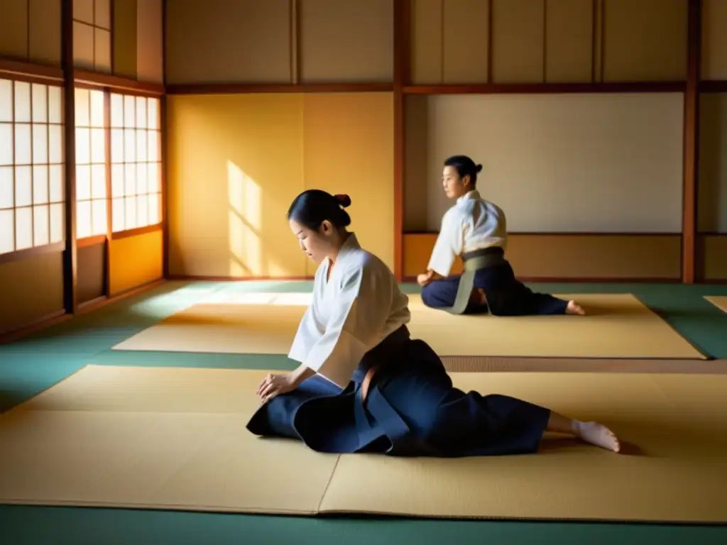 Practicantes de Aikido en gi blanco realizan movimientos precisos y elegantes en un dojo sereno, transmitiendo armonía y disciplina