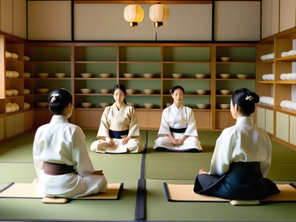 Practicantes de Aikido escuchan atentamente consejos nutricionales en un tranquilo dojo japonés