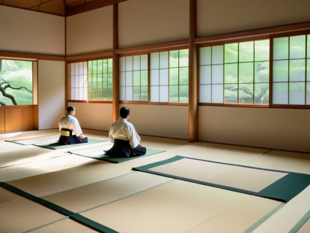 Practicantes de Aikido en un dojo sereno con luz natural, reflejando armonía y espiritualidad japonesa