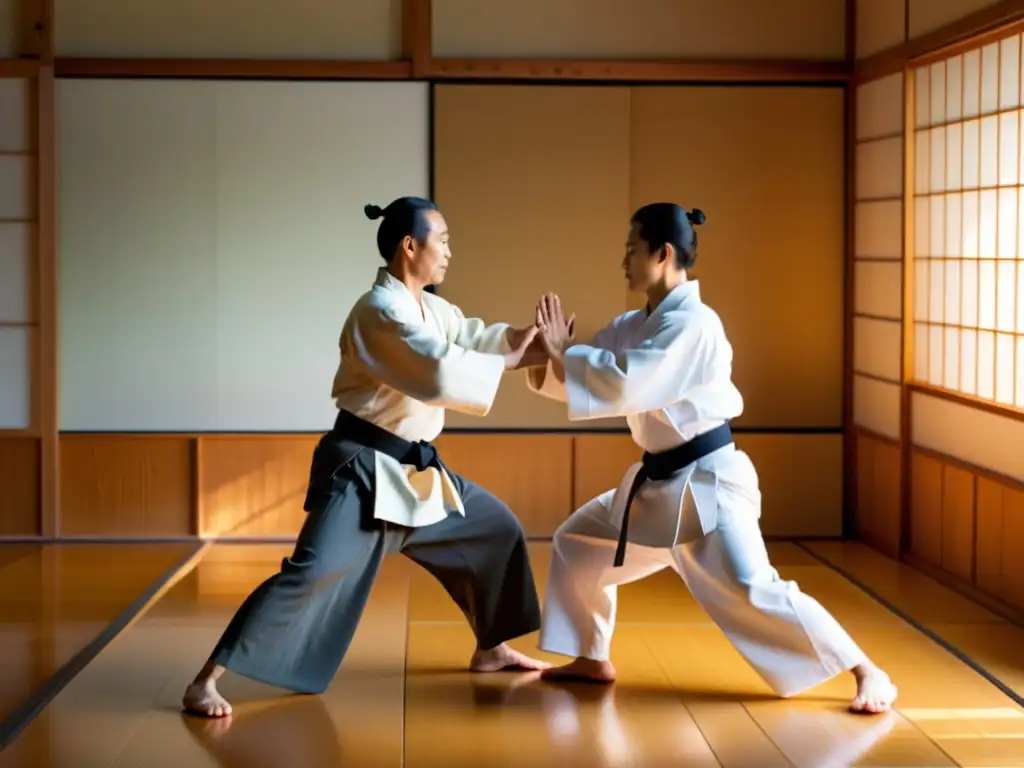 Aikido: Armonía en el Dojo Tradicional Dos practicantes de aikido en un dojo tradicional, con luz natural que ilumina el ambiente sereno