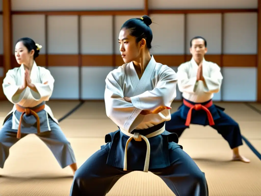 Practicantes de Aikido en ejercicio grupal, demostrando movimientos fluidos y concentración