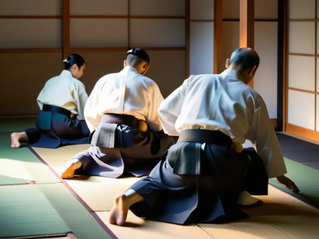 Practicantes de Aikido en gi y hakama blancos, inclinándose en respetuoso saludo al entrar al dojo