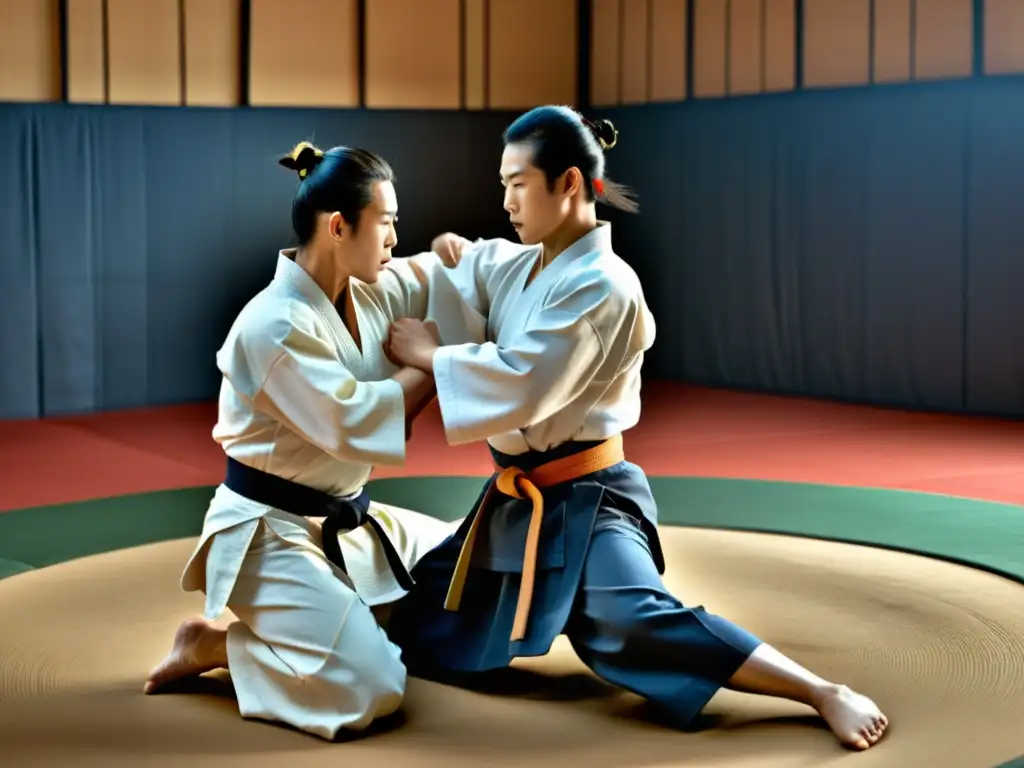 Aikido: Intensidad y Espiritualidad en Competencia Dos practicantes de Aikido compiten en un intenso y dinámico combate, mostrando agilidad, enfoque y precisión