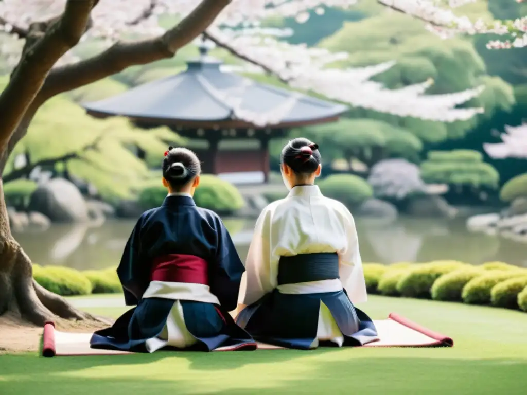 Practicantes de Aikido en un jardín japonés, en armonía y respeto, con sakuras en flor