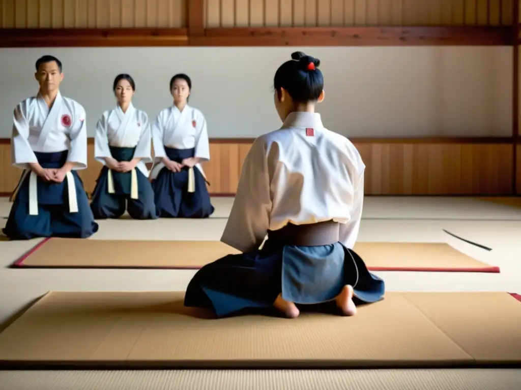 Practicantes de Aikido ejecutando movimientos precisos en un dojo, transmitiendo disciplina y tranquilidad