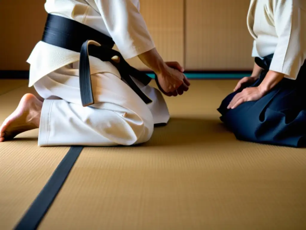 Practicantes de Aikido realizan técnica de bloqueo articular en tatami, mostrando concentración y presión en las articulaciones