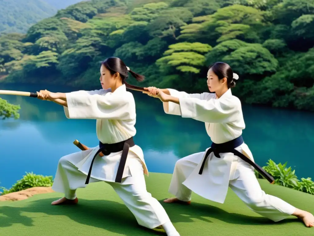 Practicantes de Aikido ejecutando técnicas seguras de ukemi en un entorno natural sereno y pintoresco, demostrando armonía y disciplina