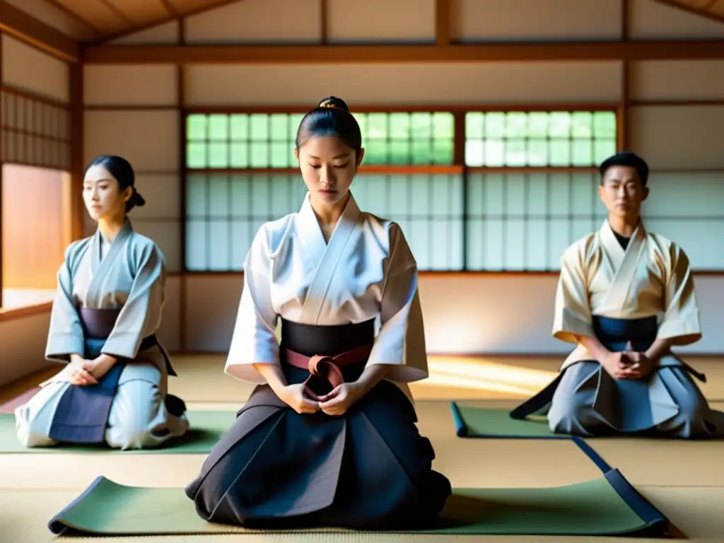 Practicantes de Aikido entrenan con tecnología wearable en un dojo iluminado, fusionando tradición e innovación