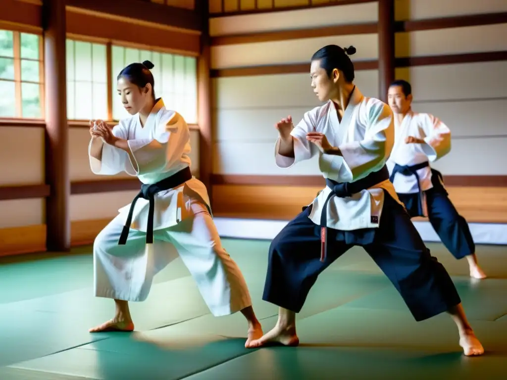 Practicantes de Aikido con tecnología wearable realizan movimientos precisos en un dojo tradicional, fusionando lo antiguo con lo moderno en el entrenamiento de Aikido