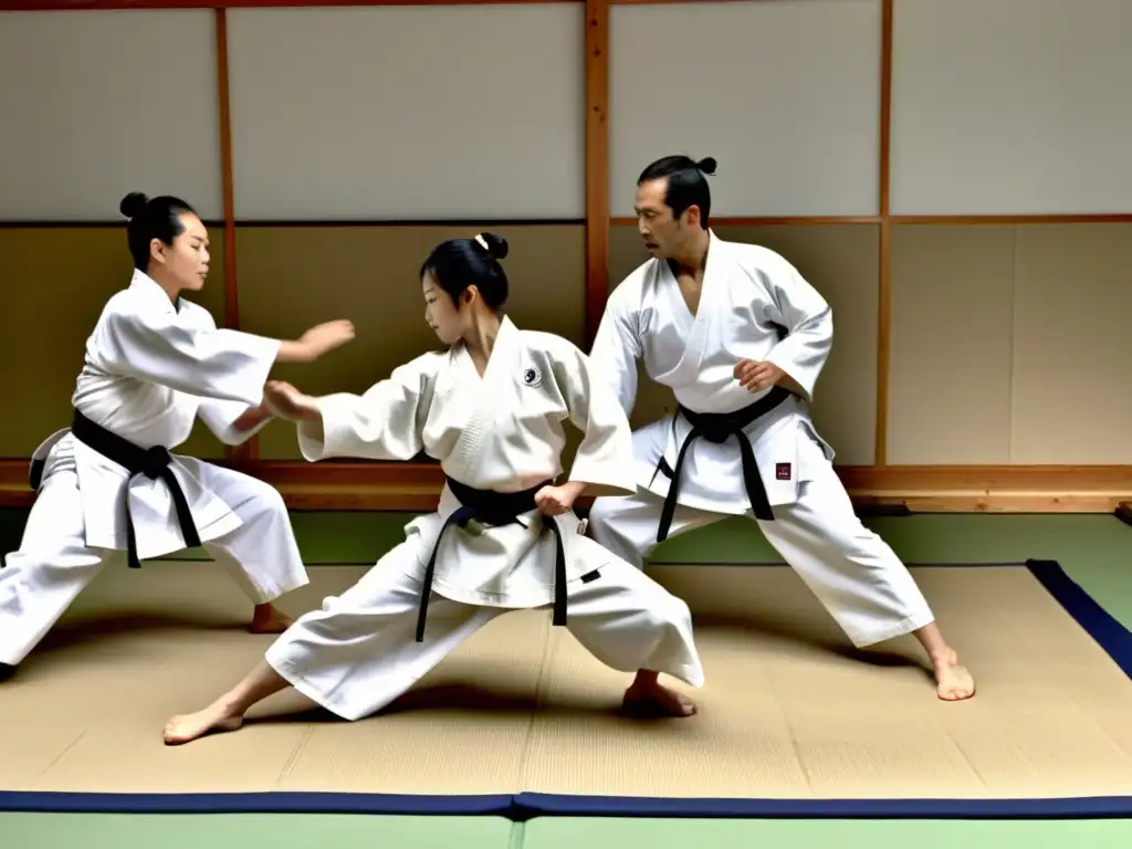 Practicantes de Aikido en uniformes blancos ejecutando movimientos fluidos y gráciles en el tatami, desarrollando fluidez en la práctica de Aikido