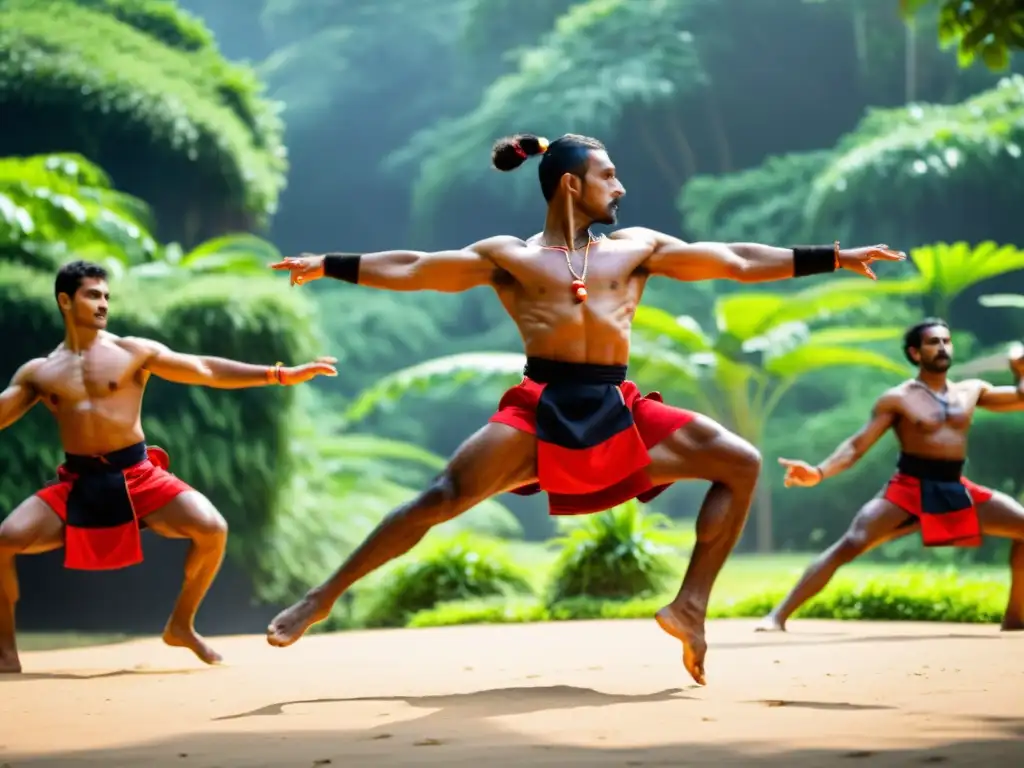 Practicantes de Kalaripayattu en vibrante exhibición al aire libre, preparación para torneos de Kalaripayattu