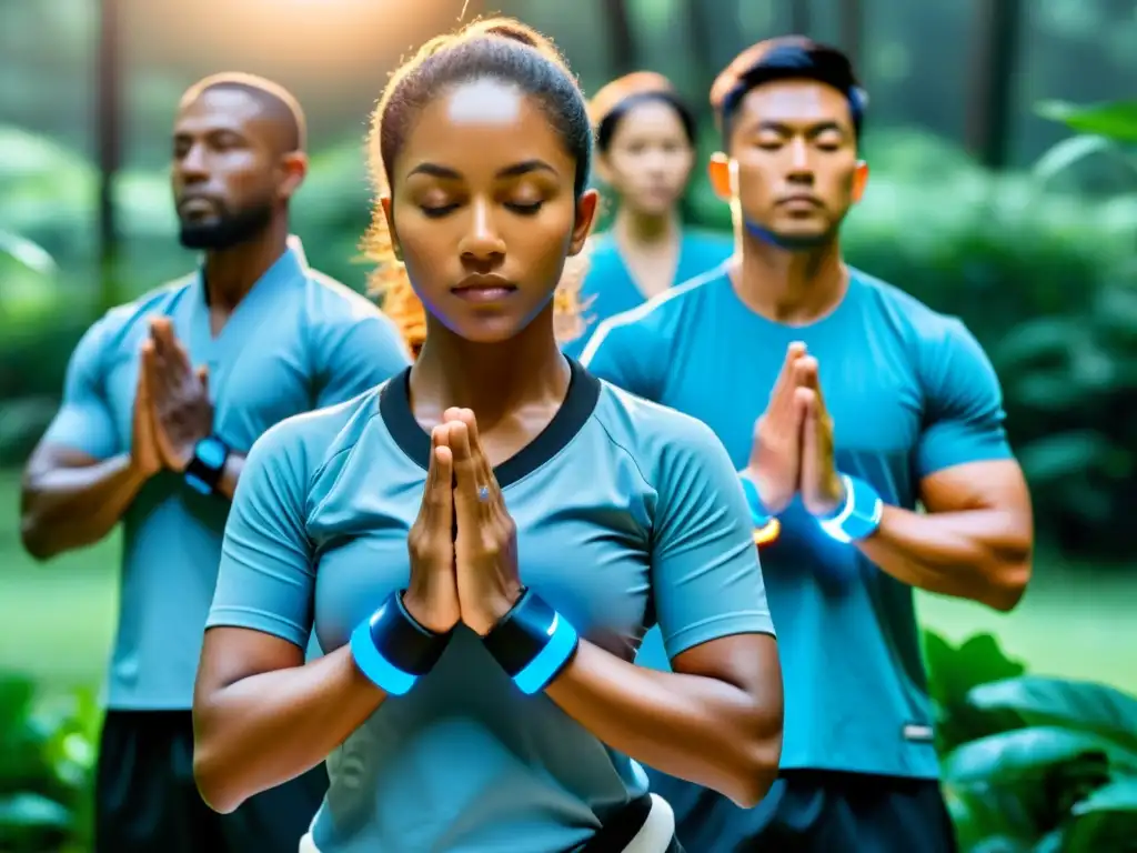 Practicantes de artes marciales meditan al aire libre, usando wearables futuristas para meditación