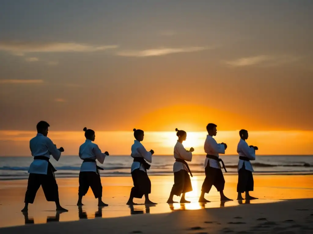 Practicantes de artes marciales entrenando al atardecer en una playa de Indonesia