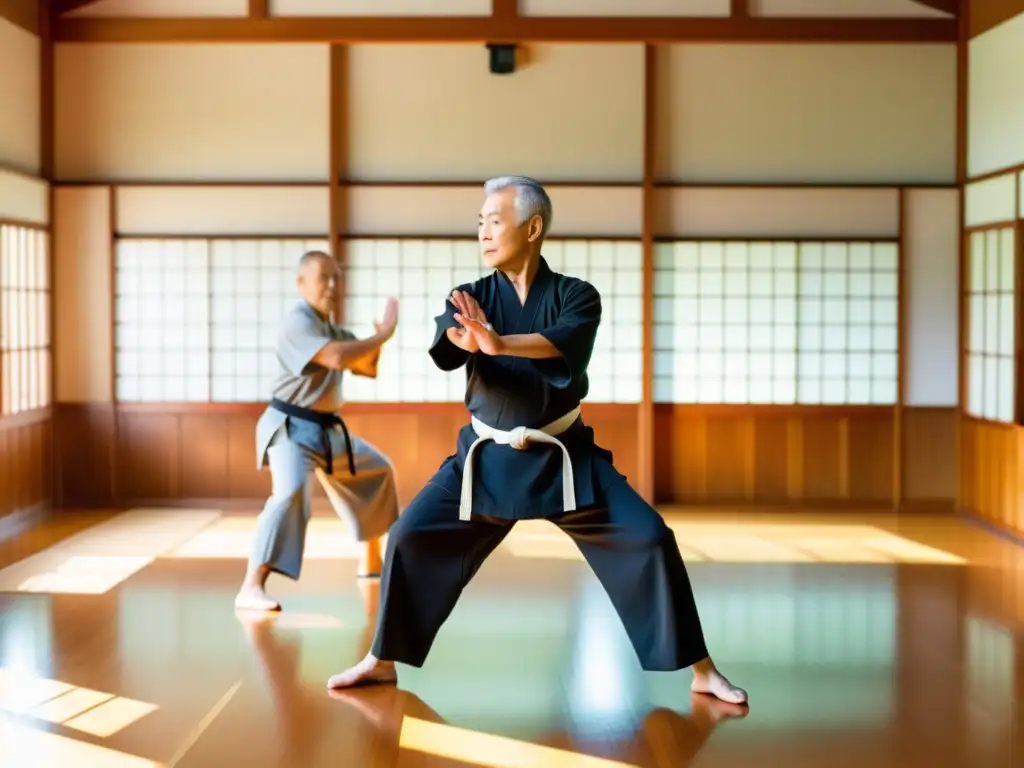 Practicantes senior de artes marciales disfrutan de los beneficios de la tradición y la serenidad en un dojo iluminado por el sol