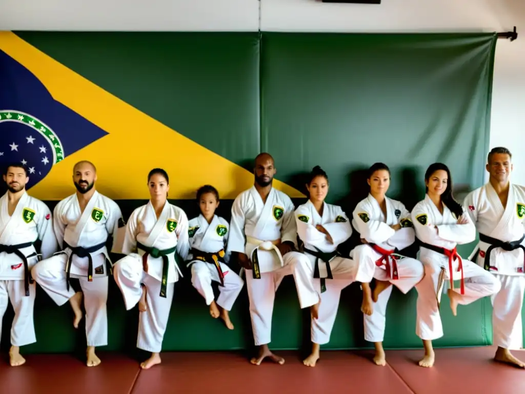 Practicantes de artes marciales brasileñas en gi blanco, entrenando con precisión y disciplina en un dojo con la bandera de Brasil de fondo