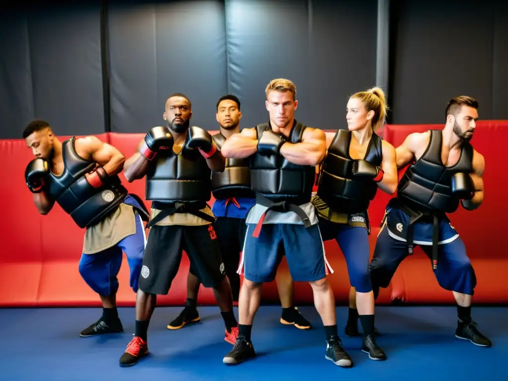 Entrenamiento de artes marciales con chalecos de peso Practicantes de artes marciales con chalecos de peso se esfuerzan en intensos entrenamientos, mostrando determinación y dedicación