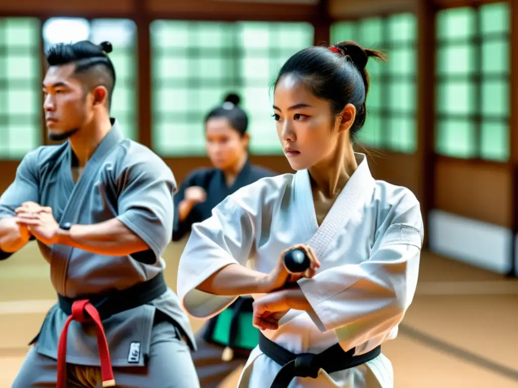 Practicantes de artes marciales con dispositivos portátiles en entrenamiento marcial en un dojo tradicional