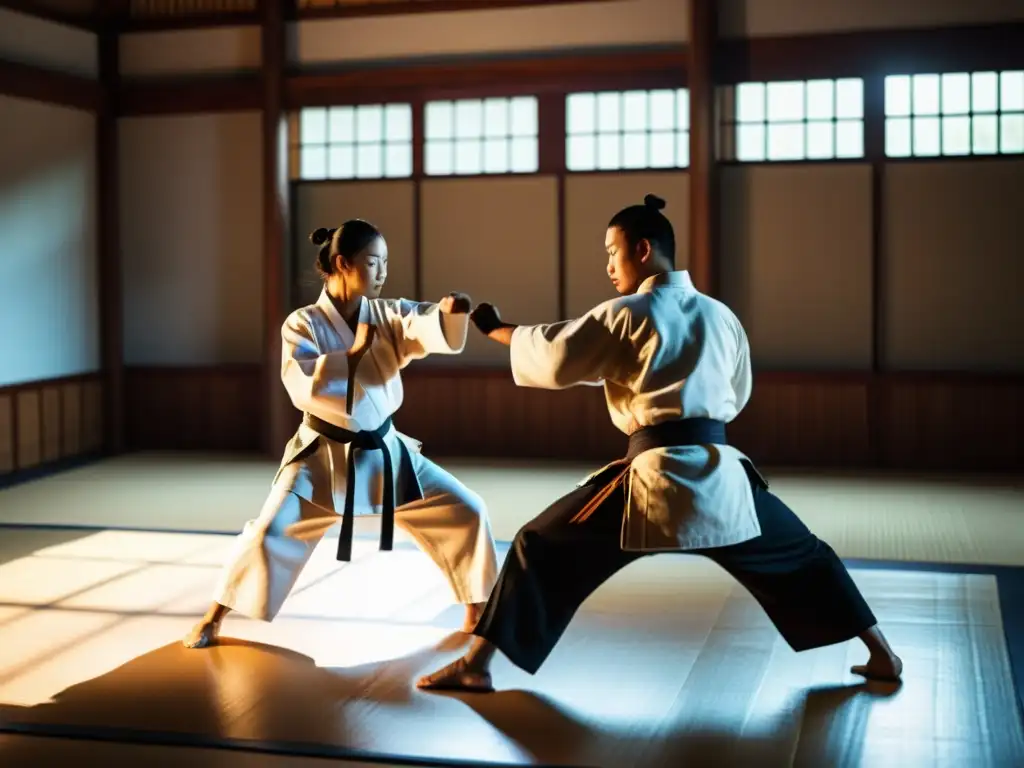 Practicantes de artes marciales en un dojo, mostrando técnicas bajo la guía de un maestro, reflejando la autenticidad de los Estilos de ropa de entrenamiento