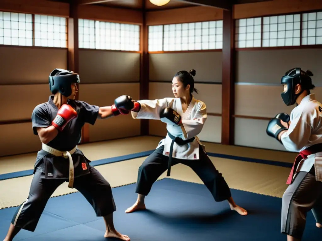 Practicantes de artes marciales en un dojo tradicional, resaltando la importancia de la ropa de entrenamiento con protección