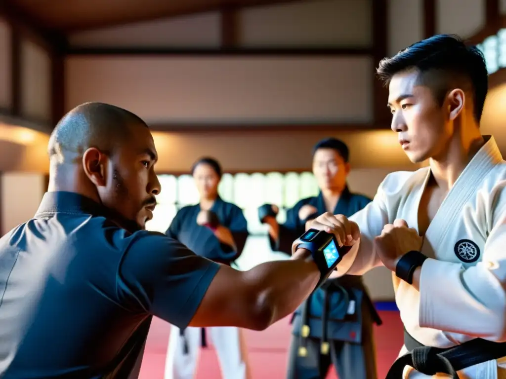 Practicantes de artes marciales con wearables en un dojo tradicional, mostrando intensidad y enfoque en su entrenamiento