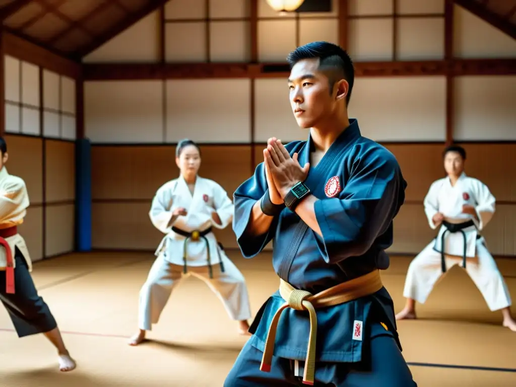 Practicantes de artes marciales con wearables en un dojo tradicional, fusionando tradición y modernidad con seriedad y dedicación