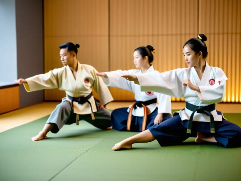 Practicantes de artes marciales realizan ejercicios de calentamiento en diversas superficies, enfocándose en prevención de lesiones