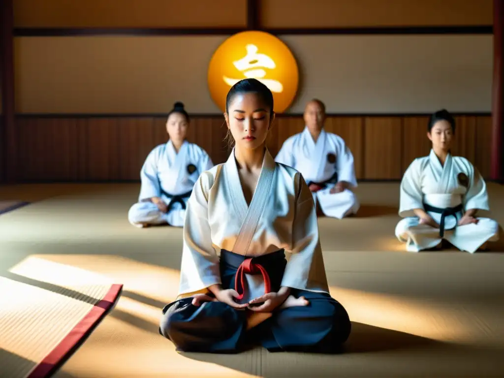 Practicantes de artes marciales en meditación enfocada en un dojo sereno, transmitiendo la fuerza mental y la concentración