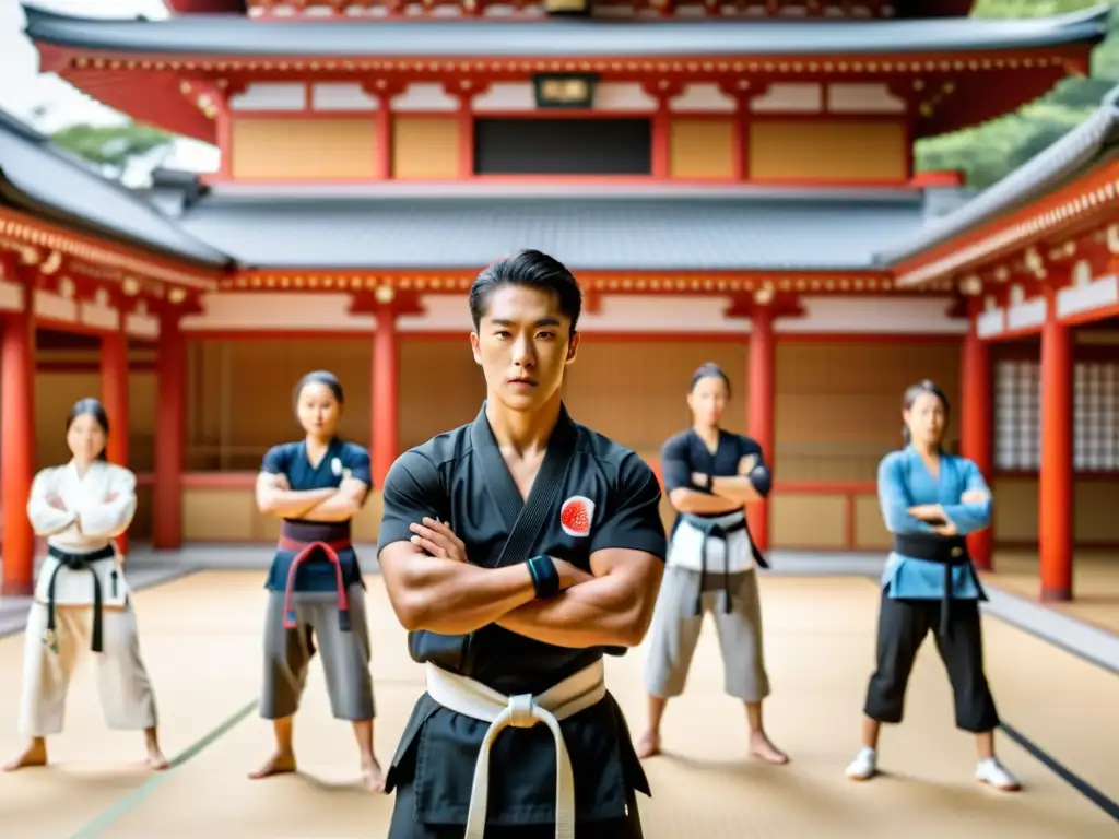 Practicantes de artes marciales con wearables realizan entrenamiento intenso en un dojo japonés