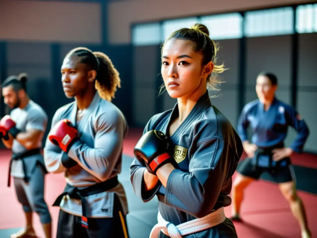 Practicantes de artes marciales con estilos de ropa de entrenamiento variados se reúnen en un gimnasio, mostrando su dedicación y diversidad cultural