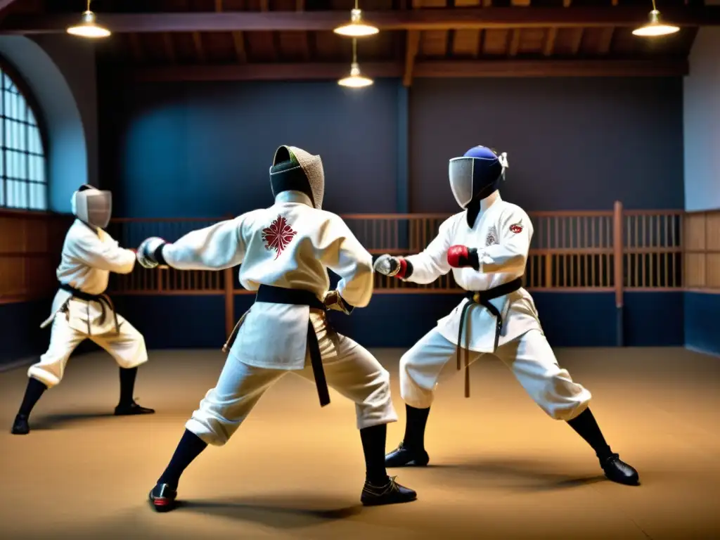 Practicantes de artes marciales con estilos de ropa de entrenamiento en sparring en salón histórico