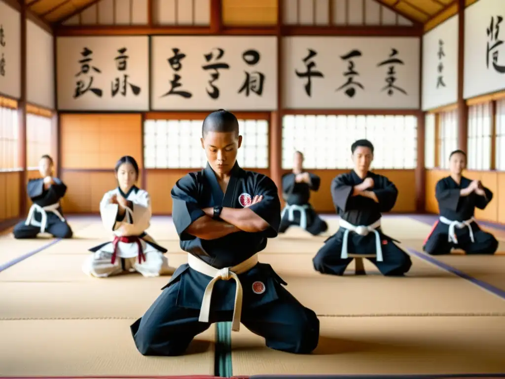 Practicantes de artes marciales de diferentes federaciones colaboran en un dojo soleado, demostrando técnicas con determinación