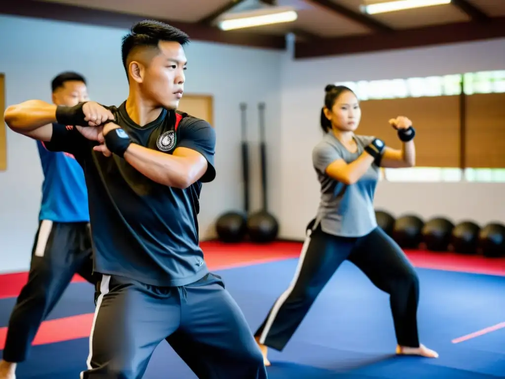 Practicantes de artes marciales filipinas con wearables entrenando en academia tradicional