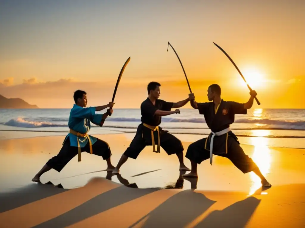 Practicantes de artes marciales filipinas en la playa al atardecer, mostrando destreza en Eskrima