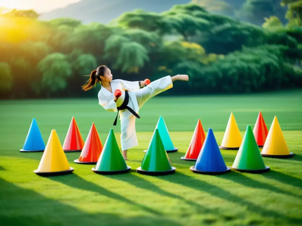 Practicantes de artes marciales entrenando con los mejores discos y conos en un campo verde, mostrando determinación y agilidad