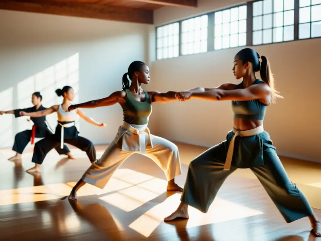 Practicantes de artes marciales ejecutan movimientos defensivos precisos en un estudio sereno, irradiando calma y determinación