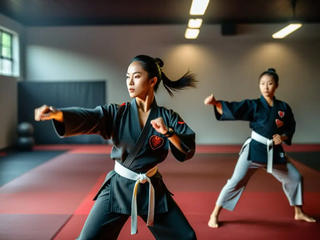 Practicantes de artes marciales realizan movimientos precisos en un dojo