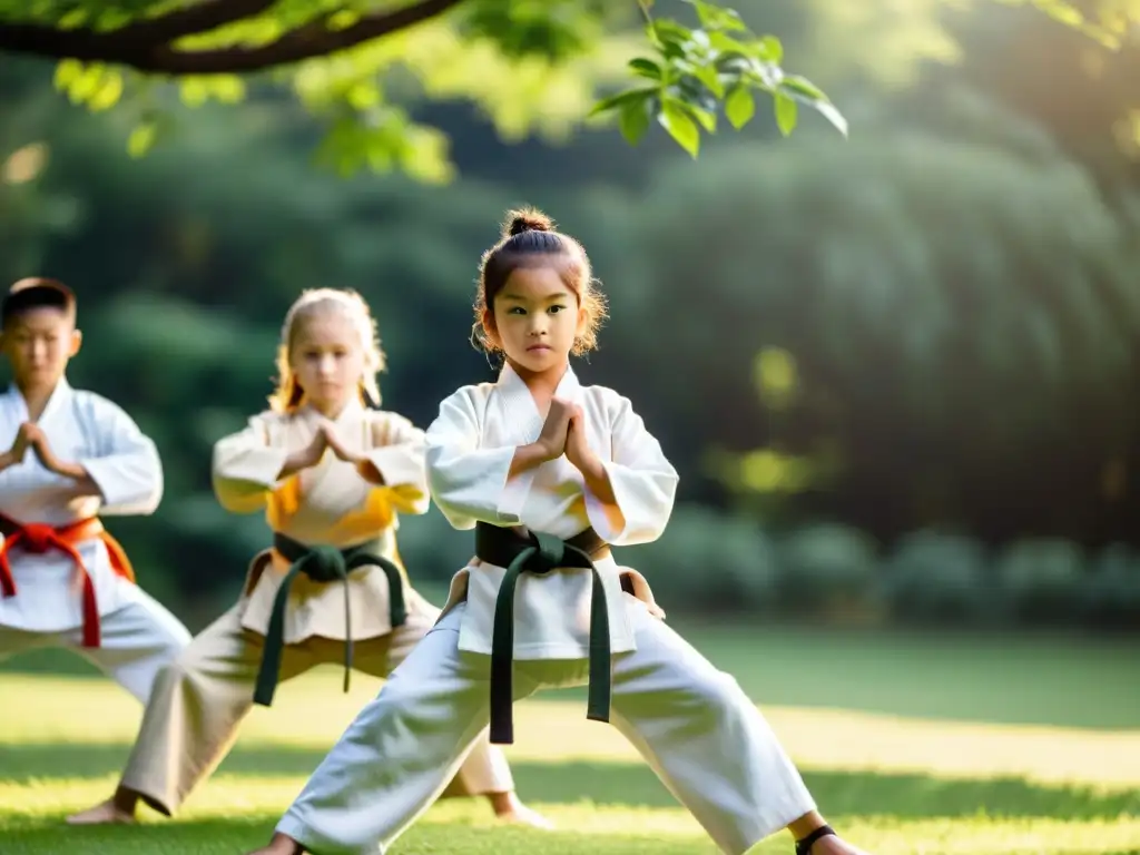 Practicantes de artes marciales en armonía en la naturaleza, expresando determinación y compañerismo