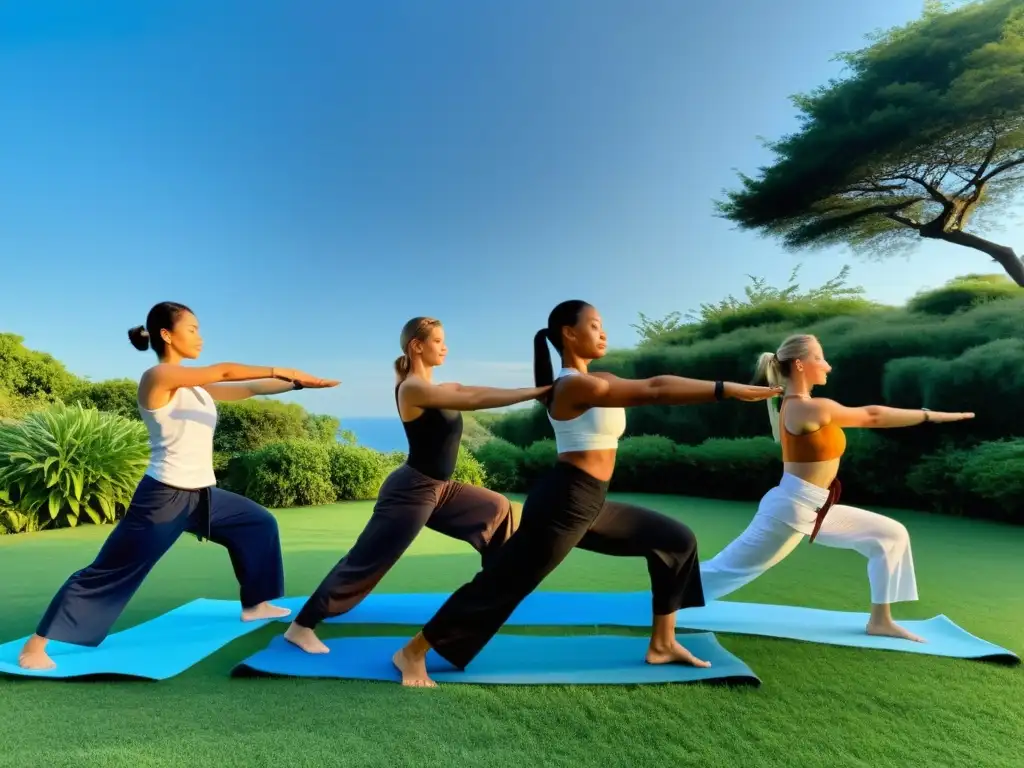 Practicantes de artes marciales realizando posturas de yoga en un entorno sereno al aire libre, mostrando flexibilidad y equilibrio