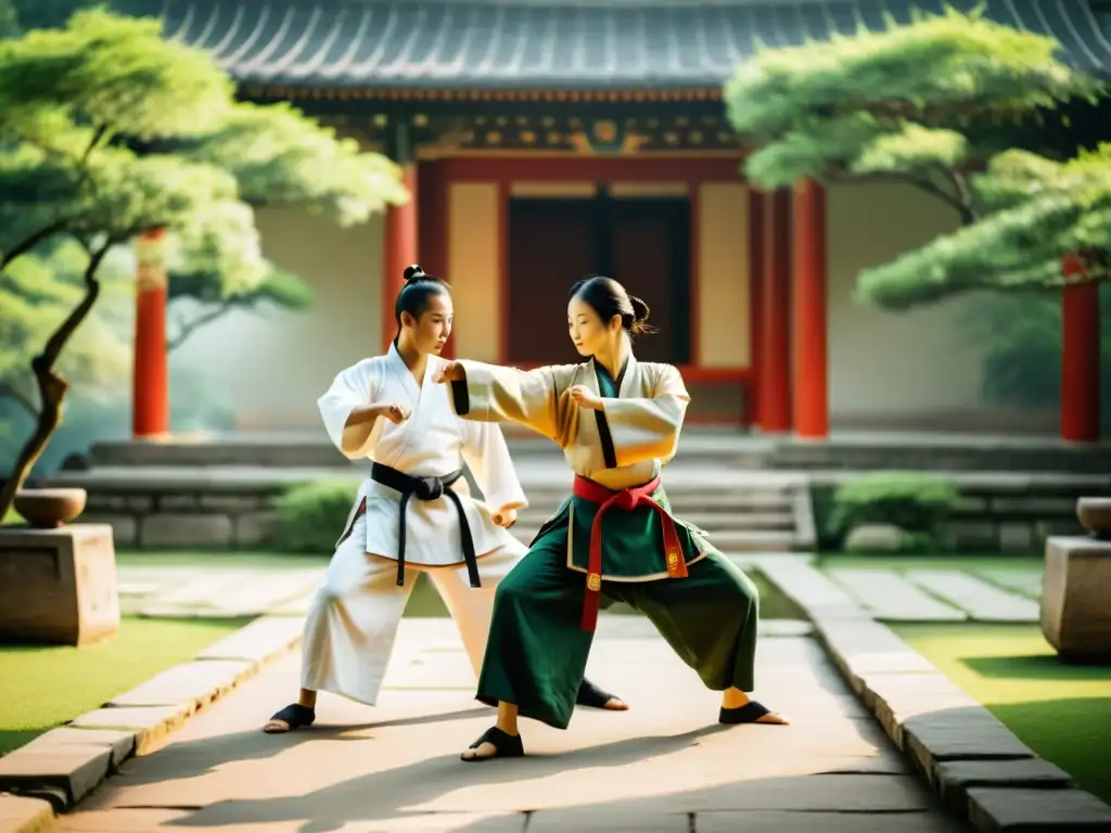 Practicantes de artes marciales en un templo antiguo, destacando la disciplina y habilidad en una pose dinámica