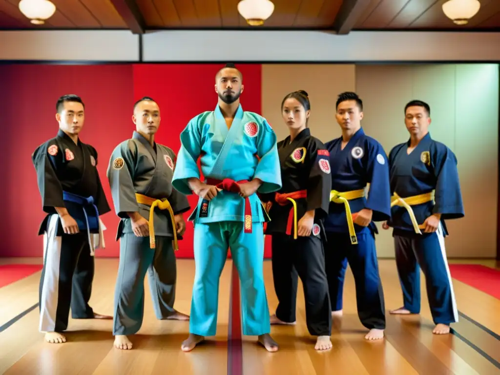 Practicantes de artes marciales con uniformes personalizados en un dojo tradicional, mostrando movimientos precisos y disciplina