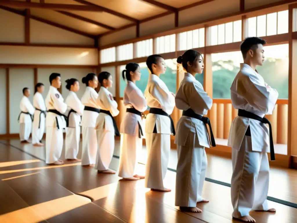 Practicantes de artes marciales en uniformes blancos, demostrando poses de entrenamiento en un dojo sereno