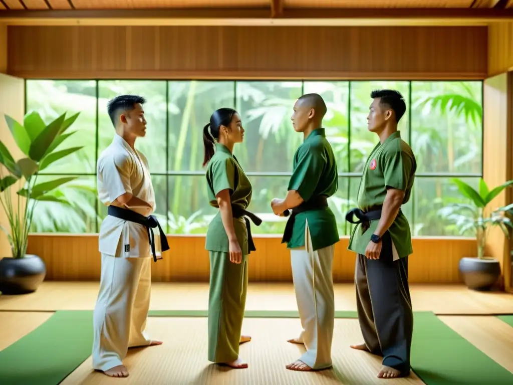 Practicantes de artes marciales en uniformes de fibra de bambú ecológica, entrenando en un dojo verde con luz natural