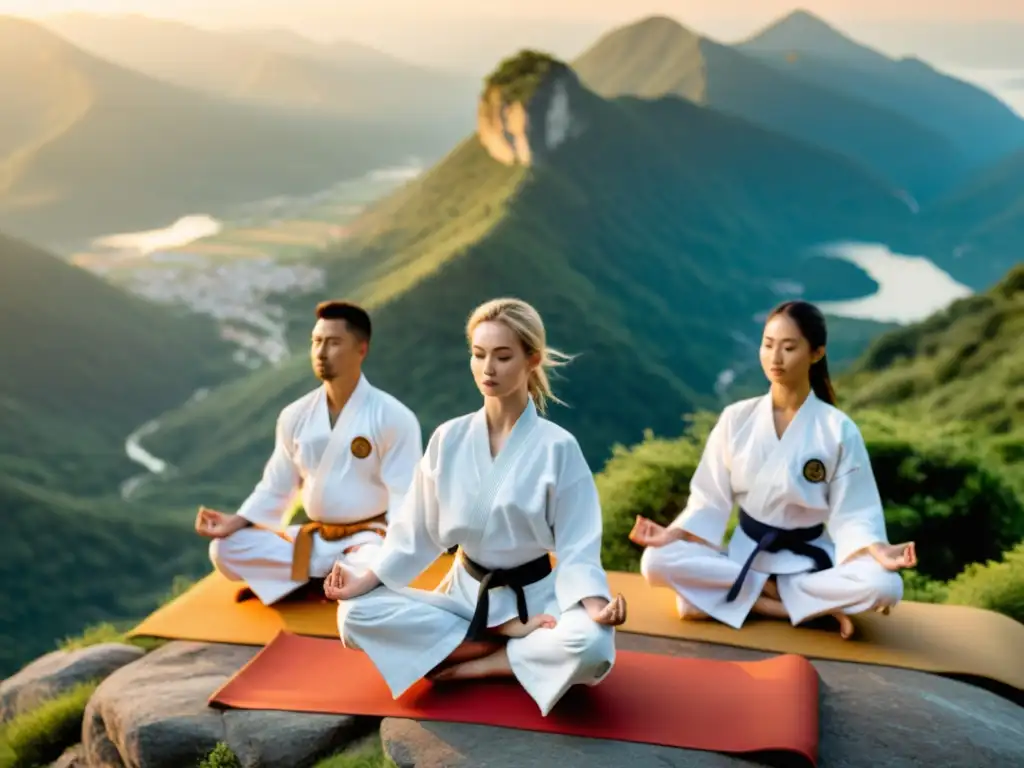 Practicantes de artes marciales realizan yoga al amanecer en la cima de una montaña, fusionando fuerza y equilibrio