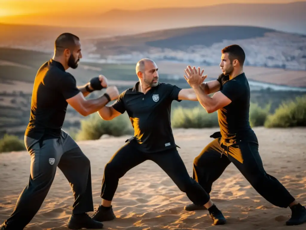 Practicantes de Krav Magá entrenan al atardecer en Israel, mostrando autenticidad y disciplina