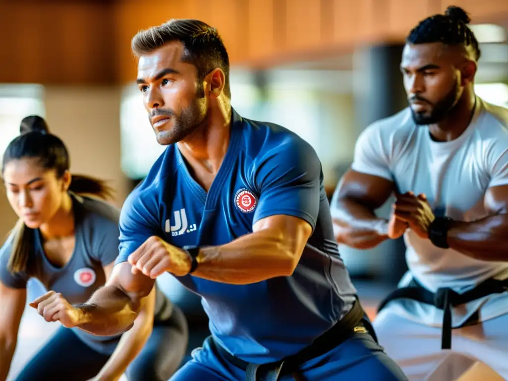 Entrenamiento Cardiovascular Intenso en Grupo de BJJ Practicantes de BJJ realizan ejercicios cardiovasculares intensos en un gimnasio bien iluminado, transmitiendo determinación y camaradería