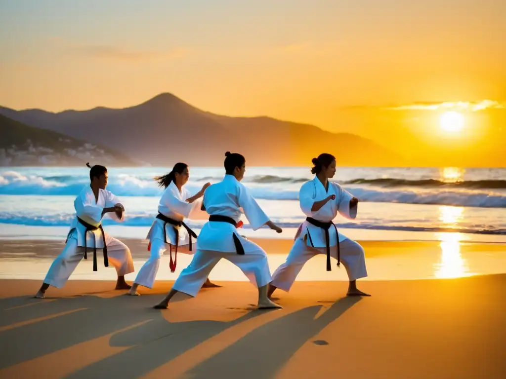 Practicantes de Wadoryu en gi blanco realizando kata al atardecer en la playa, con la armonía del movimiento Wadoryu