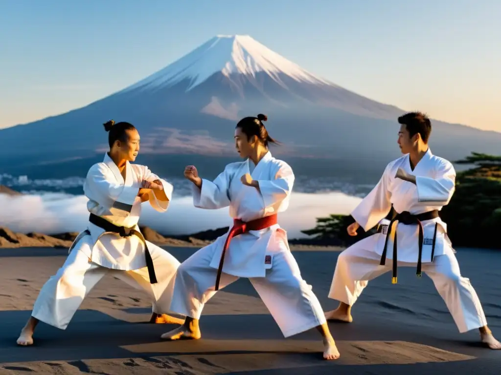 Practicantes de karate en gi blanco realizando katas al pie del Monte Fuji con el sol naciente